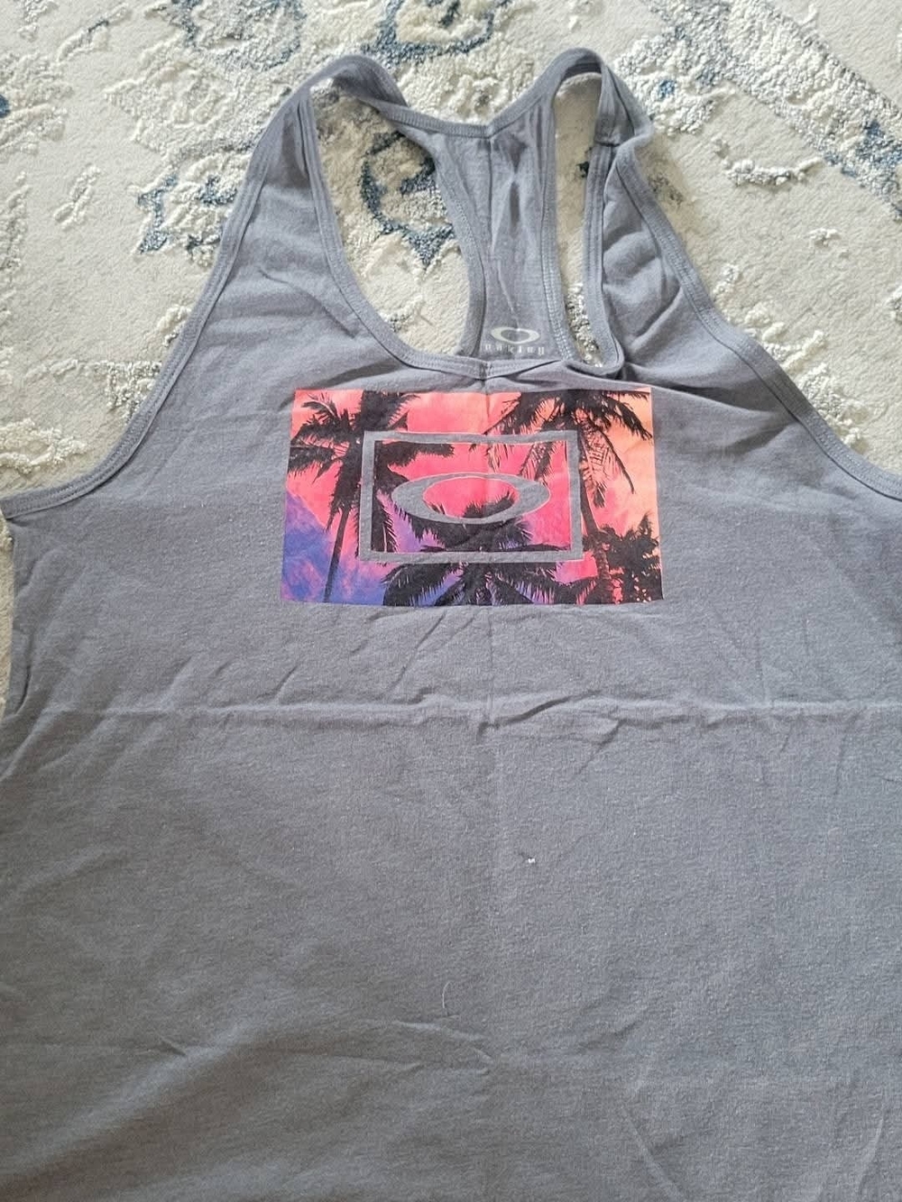 Oakley Gray Racerback Tank with Pink and Orange Sunset Graphic